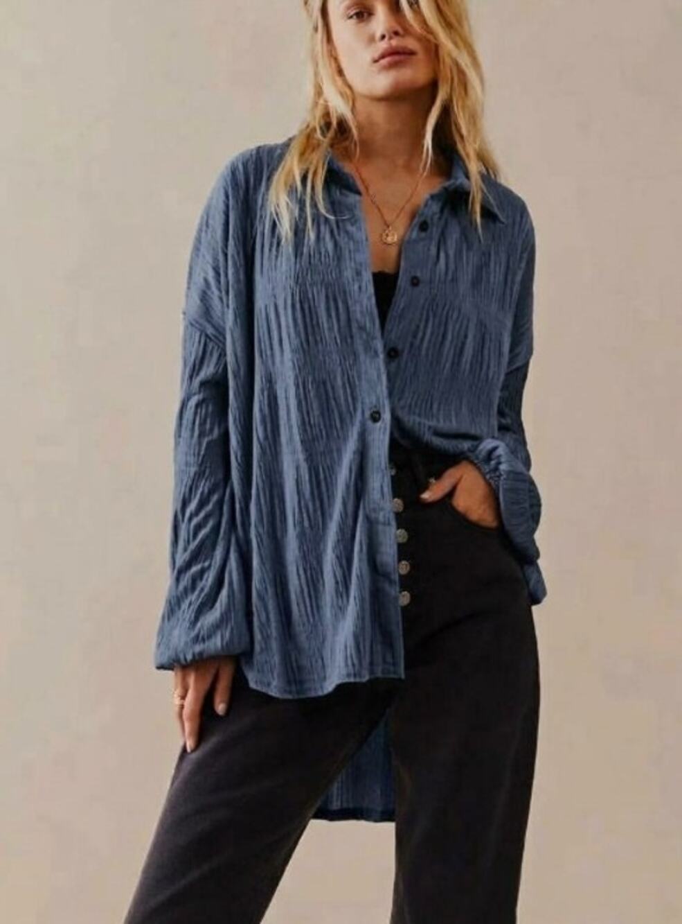 Free People My Best Velvet Oversized Button Up Top, Blue, XS